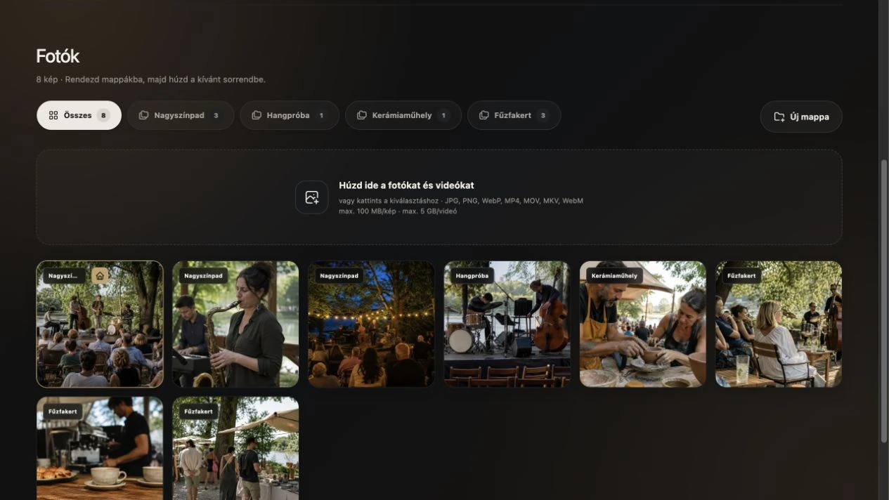 A Dunakert Jazznap rendezvényfotói az xFrame sötét galériaszerkesztőjében, mappákkal és borítóképpel