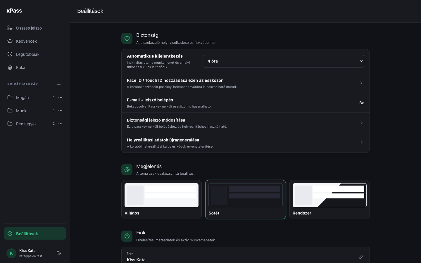 Az xPass biztonsági beállításai automatikus kijelentkezéssel és passkey-kezeléssel